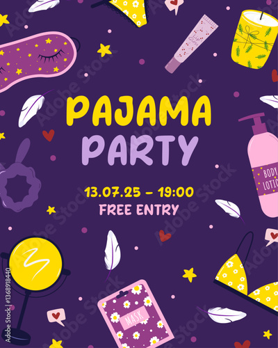 Pajama party invitation template. Hand drawn vector banner in flat doodle style. Girl routine concept. Sleepover gathering