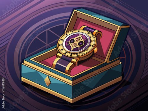 vector of Branding preview mockup of a luxury watch shown in a custom velvet box, set on a dark background