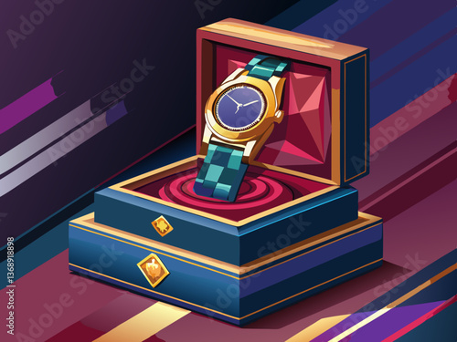 vector of Branding preview mockup of a luxury watch shown in a custom velvet box, set on a dark background
