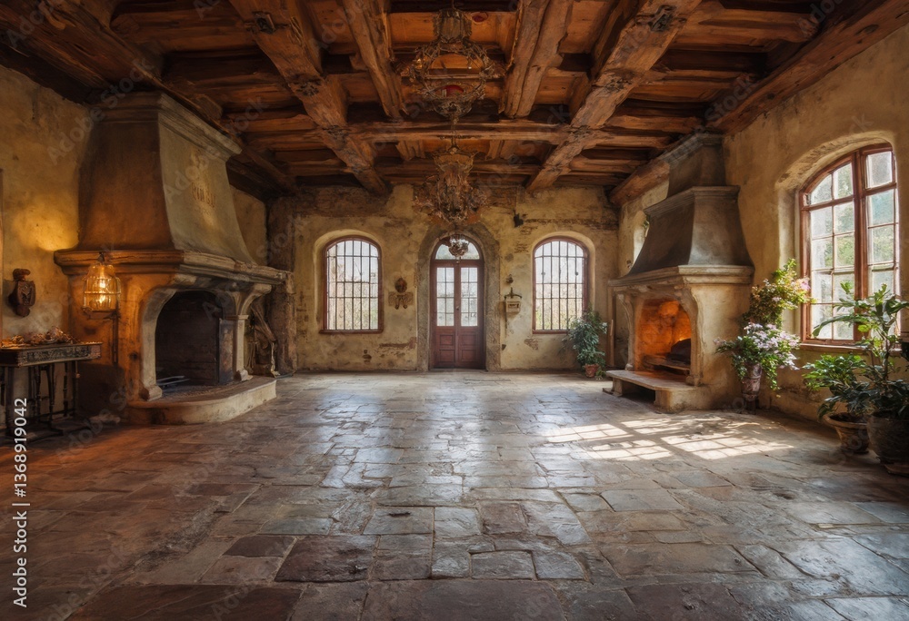 Rustic Living Room with Stone Fireplace and Arched Doorway Rustic Living Room with Stone Fireplace and Arched Doorway
