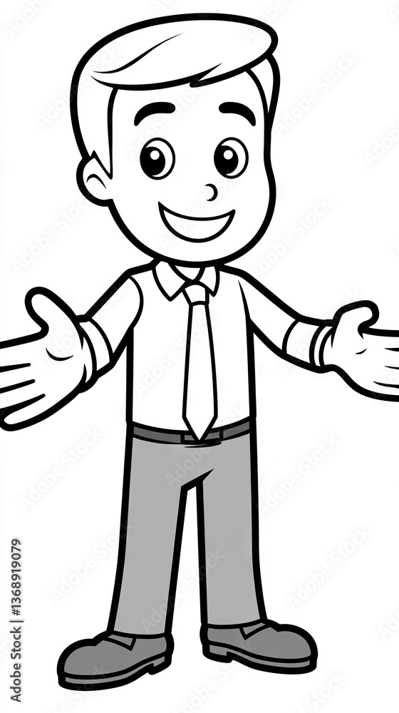 Cartoon man in business attire, with arms wide. Welcome, presentation, or open gesture Cartoon man in business attire, with arms wide. Welcome, presentation, or open gesture