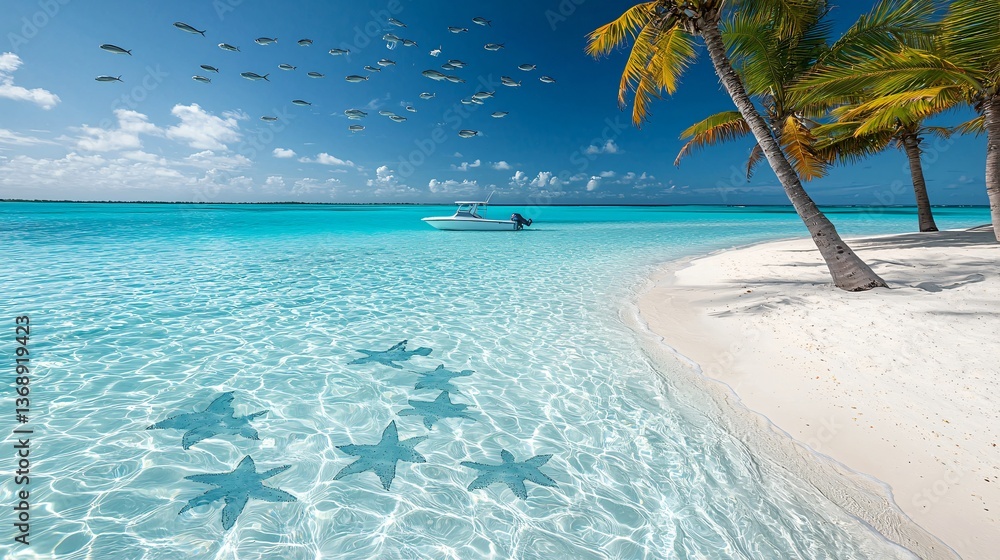 Fototapeta premium Tropical beach scene with clear water, palm trees, starfish, boat, and fish. Sunlit, serene