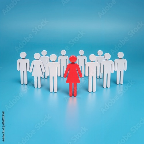Wallpaper Mural In a minimalist setting, a vibrant red figure contrasts against white silhouettes, symbolizing individuality within a group. Calm blue tones enhance the visual appeal of this dynamic representation. Torontodigital.ca