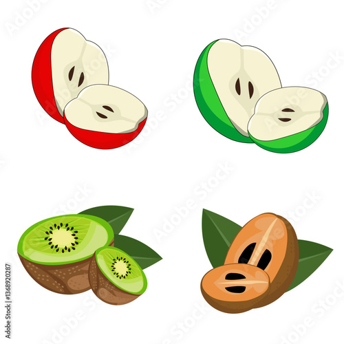 vector illustration of apple, kiwi and sapodilla slices
