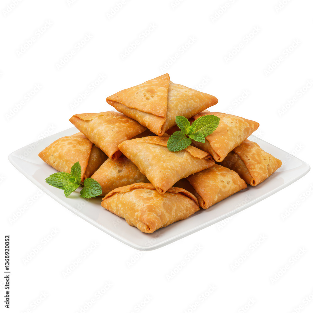 A square white plate filled with samosas arranged in a stacked manner isolated on transparent background A square white plate filled with samosas arranged in a stacked manner isolated on transparent background