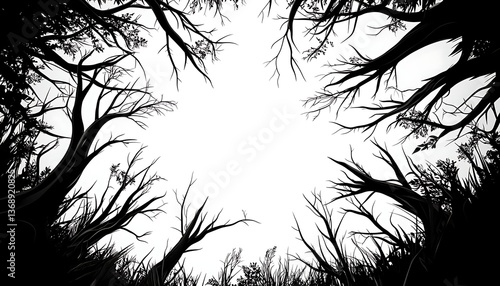 Dark Forest Canopy with White Sky.