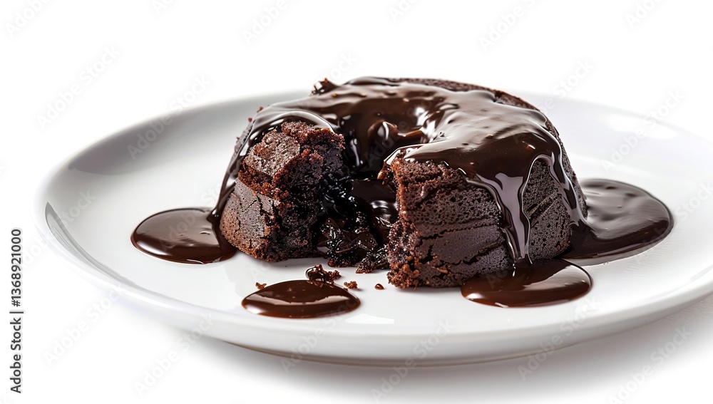 A chocolate lava cake with a glossy, dripping sauce, isolated on a white background. A chocolate lava cake with a glossy, dripping sauce, isolated on a white background.