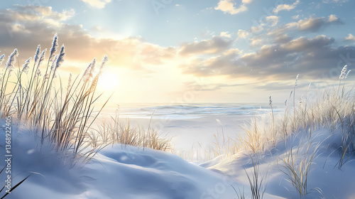 Serene winter beach scene with frosted dune grass and bright sky. Frosted Serenity. Illustration