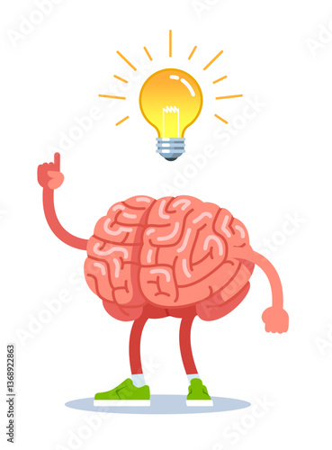 Brain came up with an idea, the finger shows on a light bulb. Modern flat style thin line vector illustration isolated on white background