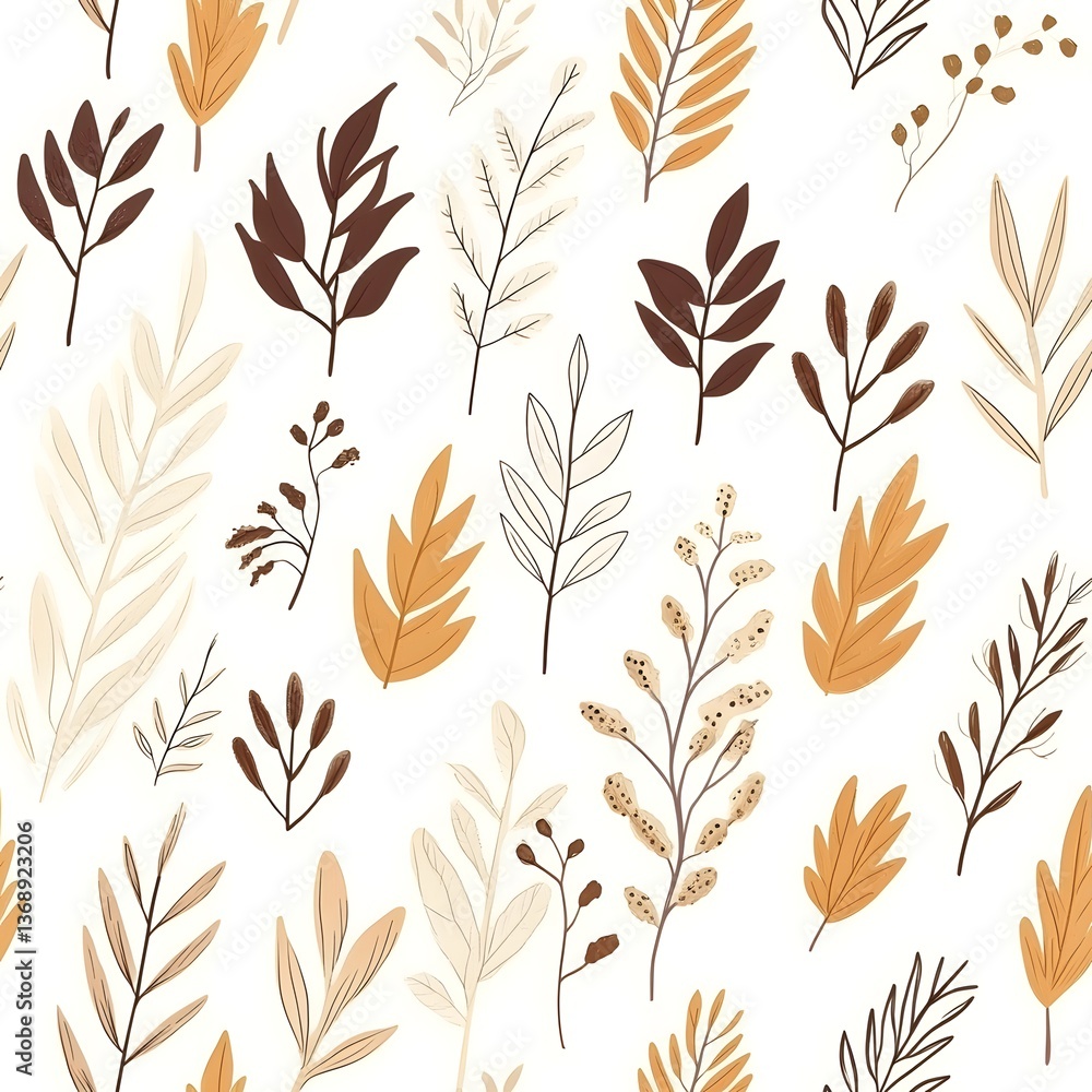 Elegant botanical illustrations: A captivating seamless pattern of delicate botanical illustrations, featuring an array of leaves and sprigs in warm, inviting hues. Perfect for backgrounds, textiles.