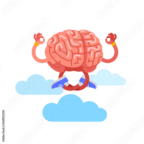 Brain meditating in yoga posture, rest, relaxation. Modern flat style thin line vector illustration isolated on white background