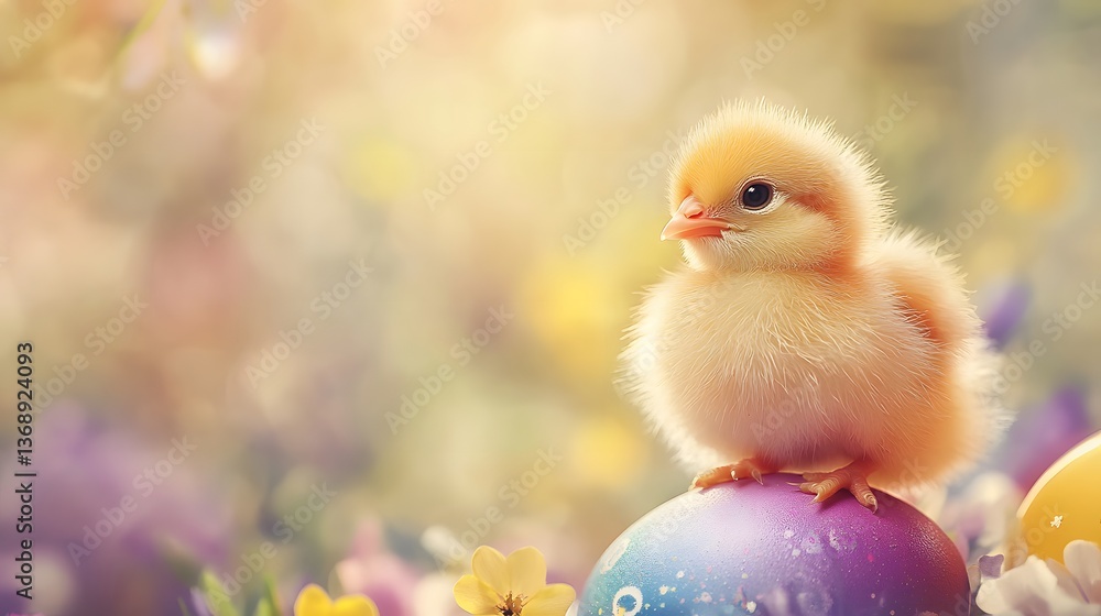 Fluffy chick on Easter egg in spring flowers Fluffy chick on Easter egg in spring flowers