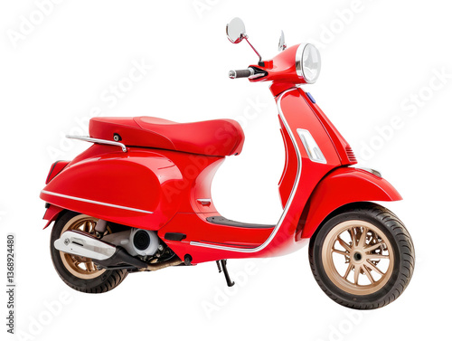 Classic red scooter for urban commuting and transportation on a transparent background, cut out
