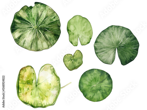 Watercolor sketch of different types and sizes of lily pads, top view, clip art for landscape design, png