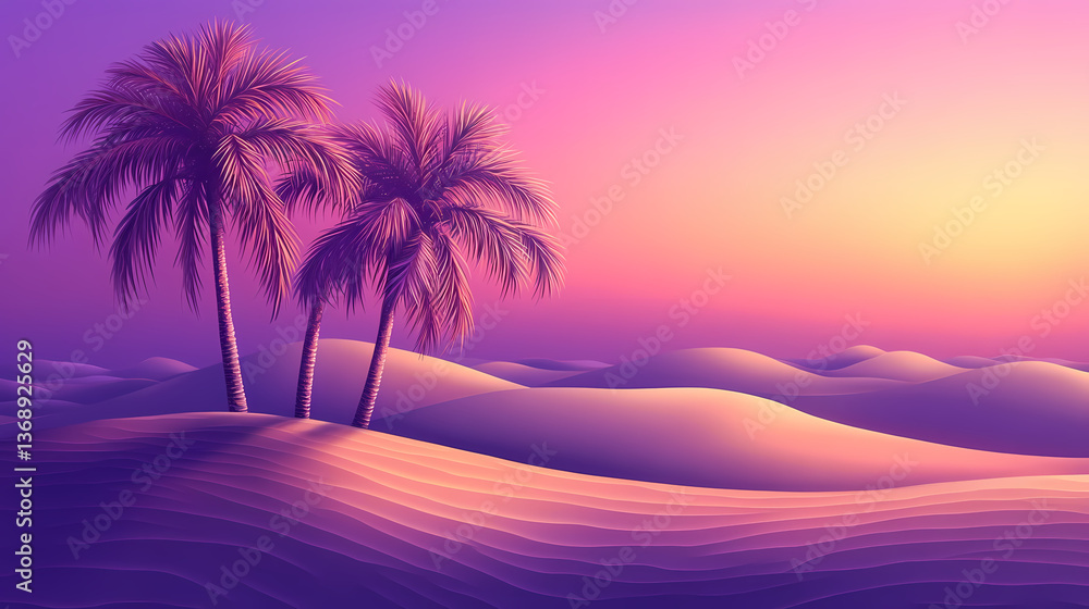 Desert mirage with shimmering golden palms, hazy violet sky melting into the horizon, soft sand dunes glowing faintly, radiating surreal mystery. Mirage Horizon. Illustration Desert mirage with shimmering golden palms, hazy violet sky melting into the horizon, soft sand dunes glowing faintly, radiating surreal mystery. Mirage Horizon. Illustration