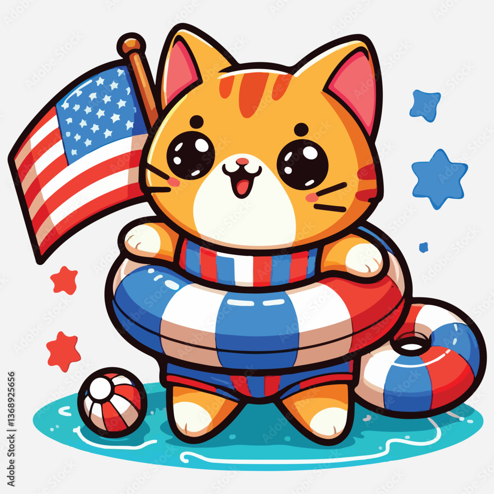 Naklejka premium Playful patriotic cat with rubber circle and American flag. Funny holiday Independence Day cartoon kawaii character.