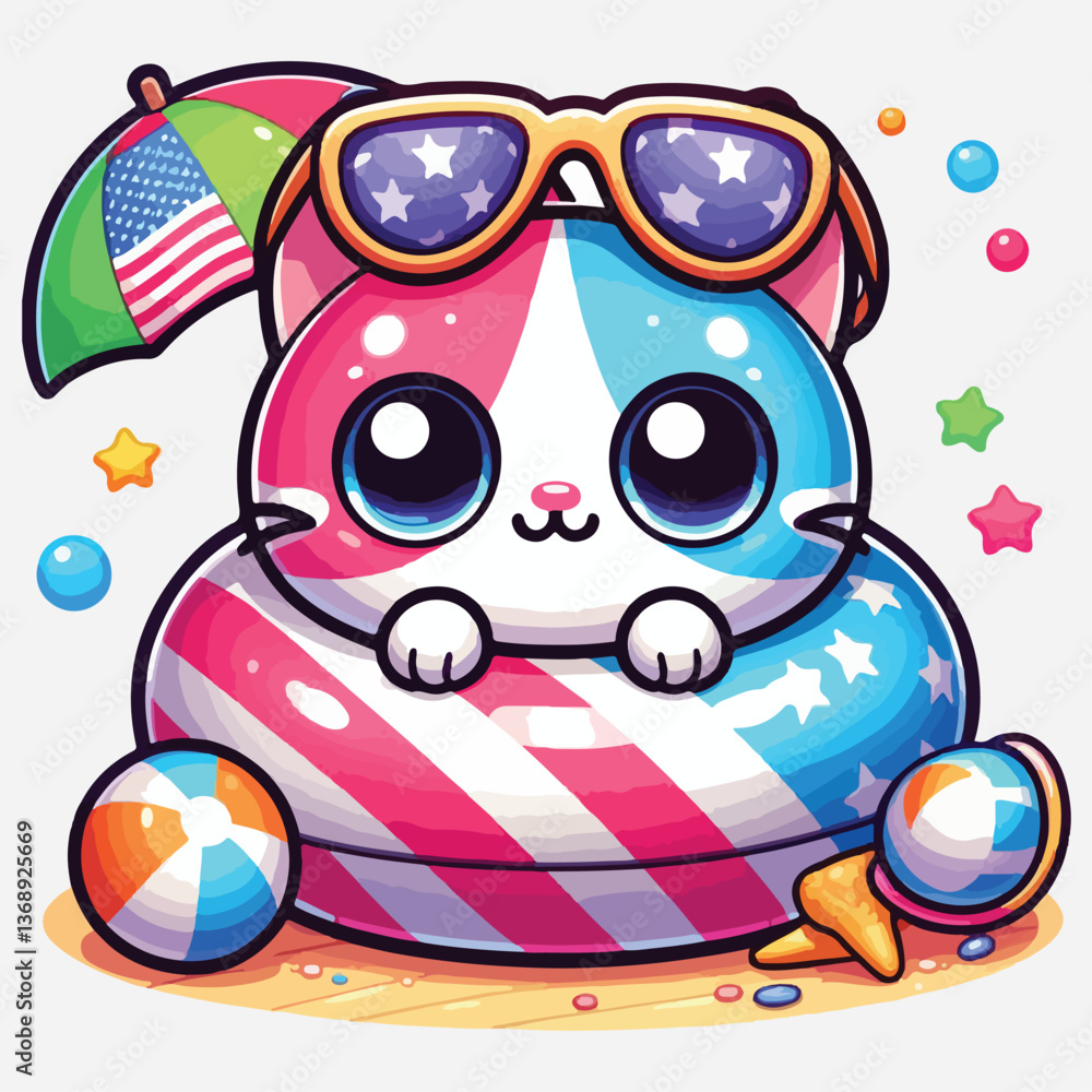 Playful patriotic cat with rubber circle and American flag. Funny holiday Independence Day cartoon kawaii character. Playful patriotic cat with rubber circle and American flag. Funny holiday Independence Day cartoon kawaii character.