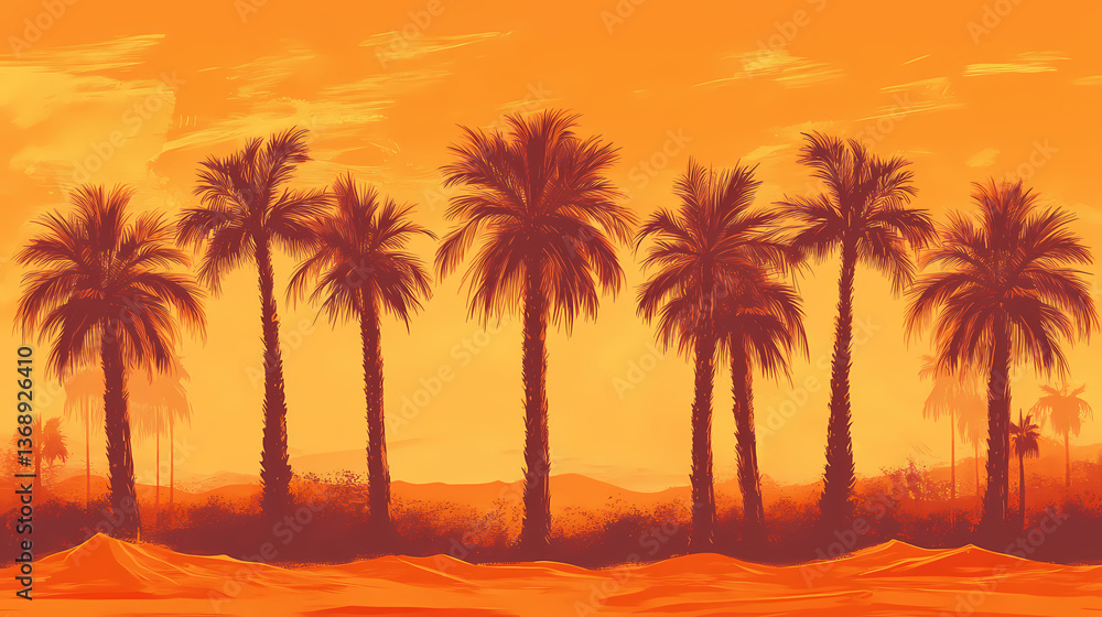 Obraz premium Palm trees on orange background with desert mirage pattern seamless wallpaper design. Mirage Horizon. Illustration
