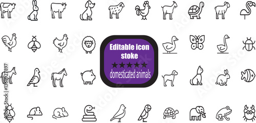 outline icons related to domesticated animals. Linear icon collection. Editable stroke.