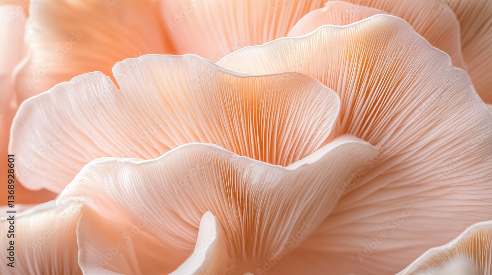 Abstract artistic close-up of mushroom petals, flowing wave-like formations in apricot and blush tones, elegant curvature Abstract artistic close-up of mushroom petals, flowing wave-like formations in apricot and blush tones, elegant curvature