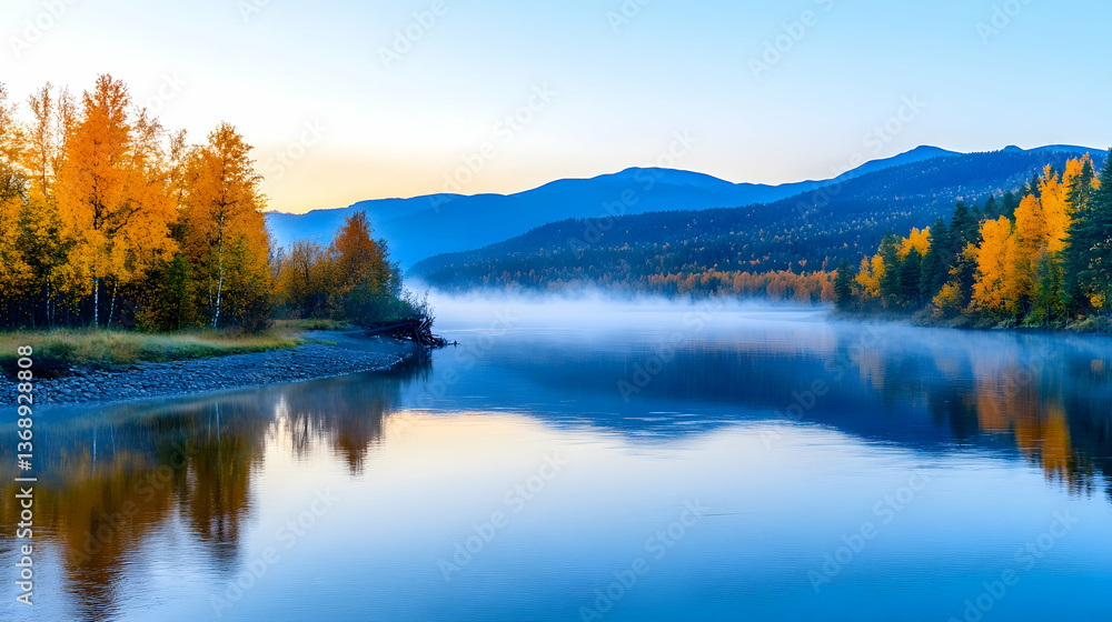 Serene autumn sunrise over a calm river, reflecting vibrant yellow trees and misty mountains Serene autumn sunrise over a calm river, reflecting vibrant yellow trees and misty mountains