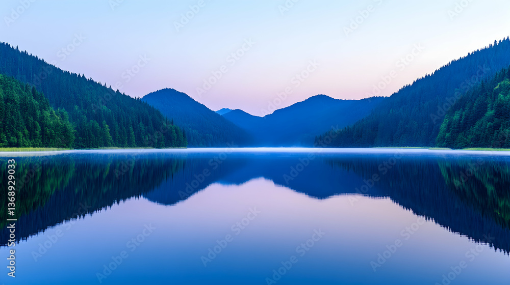 Naklejka premium Serene dawn over a calm lake mirroring forested mountains