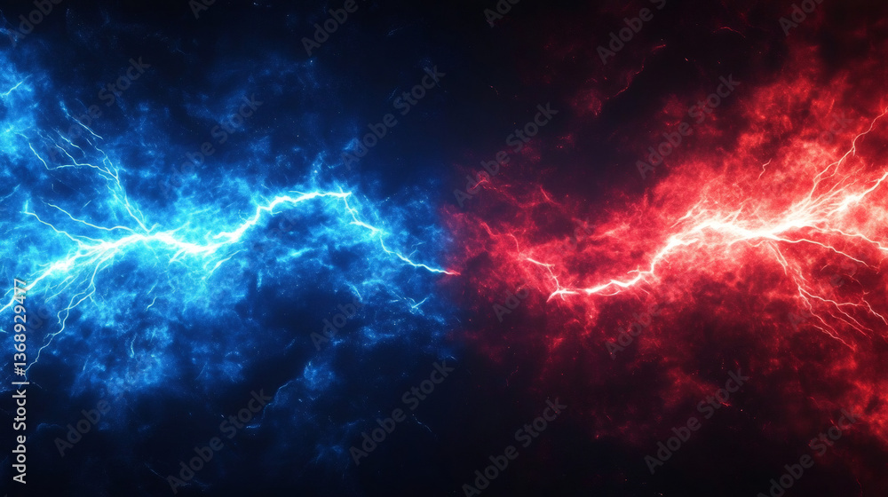 Dynamic electric blue and red lightning bolts clash against a dark background, creating a dramatic and vibrant visual effect. Dynamic electric blue and red lightning bolts clash against a dark background, creating a dramatic and vibrant visual effect.