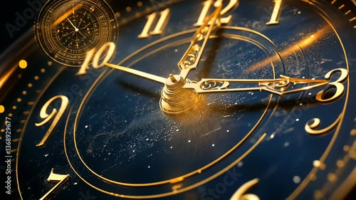 Elegant golden clock with moving hands and atmospheric particles in closeup shot
