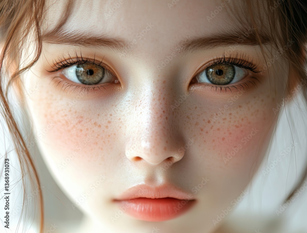 Fototapeta premium Close-up portrait of a young woman with freckled skin and striking eyes, featuring a minimalistic aesthetic