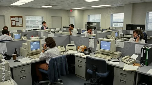 A Glimpse into the 1980s Office Workspace: Cubicles, Computers, and Busy Workers