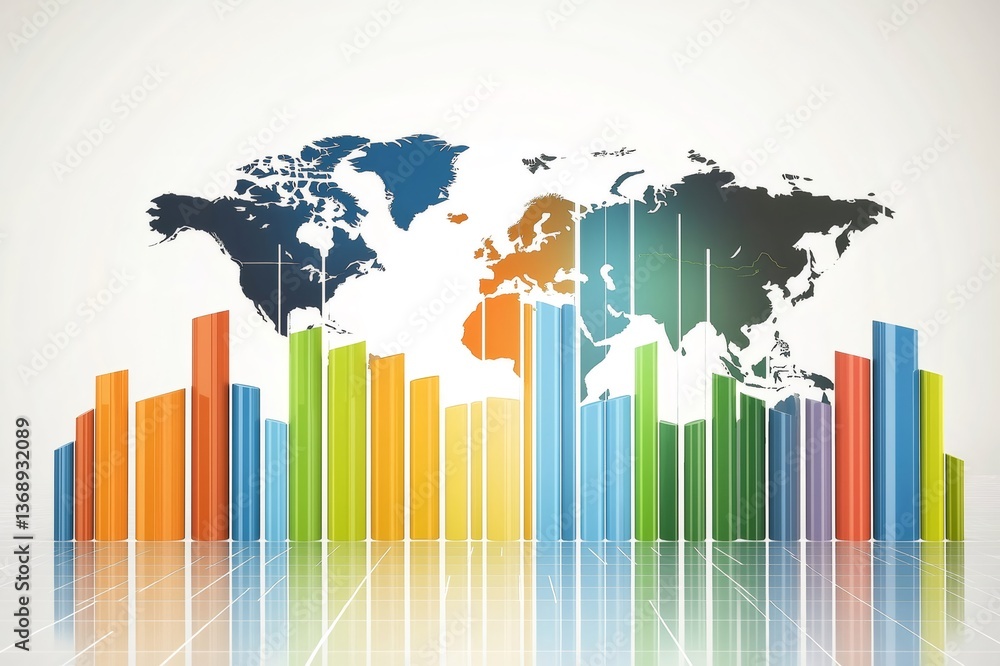 Colorful bar graph represents GDP growth rates of different countries, visualized against a world map, symbolizing global economic trends Colorful bar graph represents GDP growth rates of different countries, visualized against a world map, symbolizing global economic trends