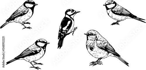 Set birds, great tit, woodpecker, robin, swallow, realistic sketch, hand drawn vector

