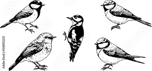 Set birds, great tit, woodpecker, robin, swallow, realistic sketch, hand drawn vector
