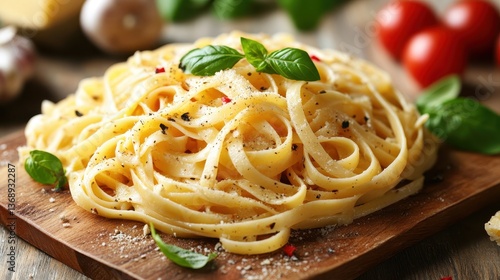 Delicious fettuccine alfredo on a wooden board, topped with basil. Showcase Italian cuisine, recipes, or restaurant menus with this photo.