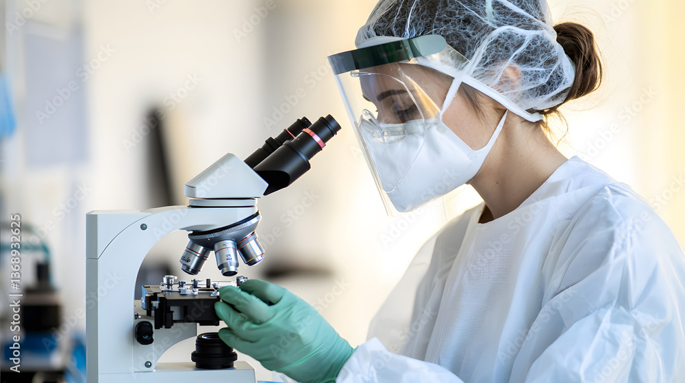 Female scientist in protective gear using a microscope in a laboratory.
Female scientist in protective gear using a microscope in a laboratory.