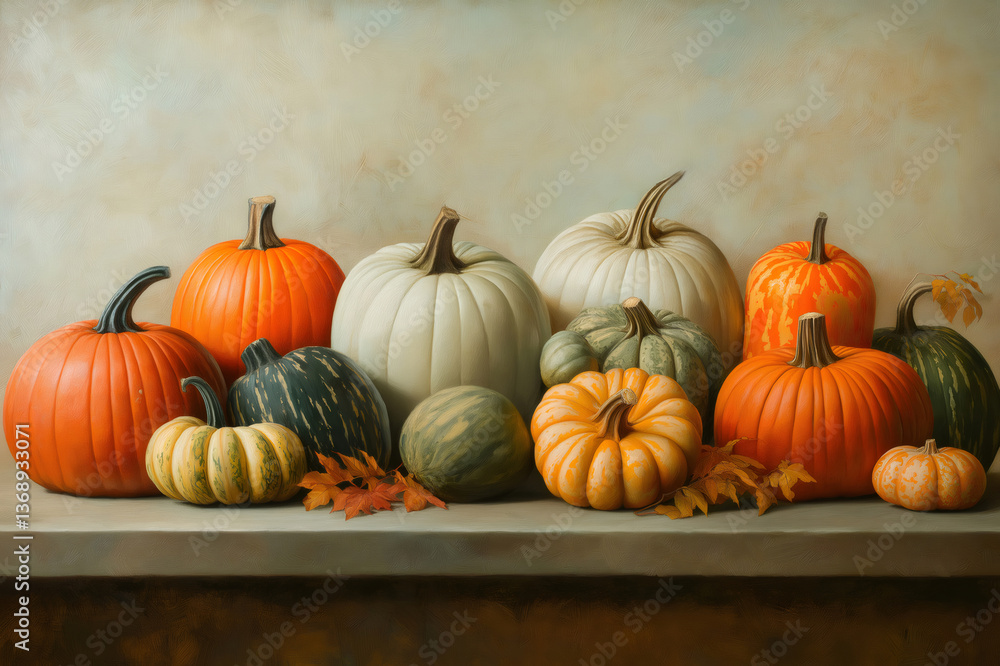 Various pumpkins and other gourds with autumn leaves rest on a ledge in an autumnal still life painting Various pumpkins and other gourds with autumn leaves rest on a ledge in an autumnal still life painting