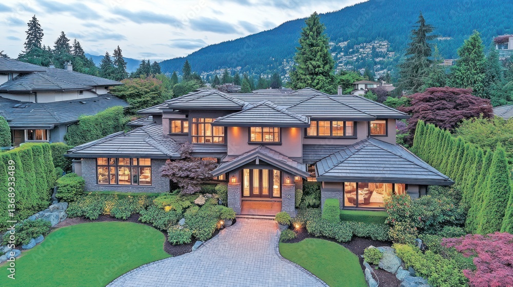 Luxurious Home Exterior, Mountain View, Evening Luxurious Home Exterior, Mountain View, Evening