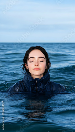 Serene woman in dark jacket, chest-deep in calm ocean water, eyes closed