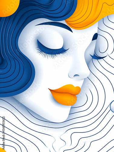 Serene woman's face, stylized with blue and orange waves, paper-cut effect