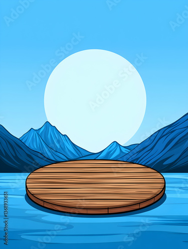 Serene wooden platform on calm water, majestic mountains and full moon backdrop