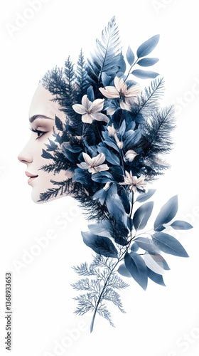 Serene woman's profile interwoven with blue flora
