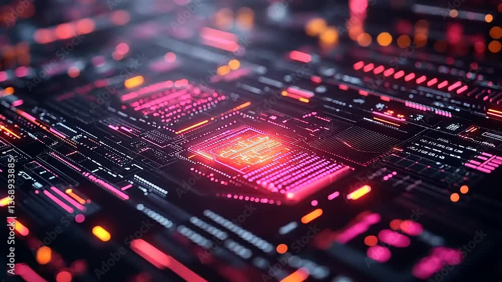 Abstract close-up of a vibrant circuit board with glowing components and intricate patterns, depicting technology Abstract close-up of a vibrant circuit board with glowing components and intricate patterns, depicting technology
