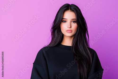 Serene young woman with long dark hair, wearing a black sweater against a vibrant purple backdrop
