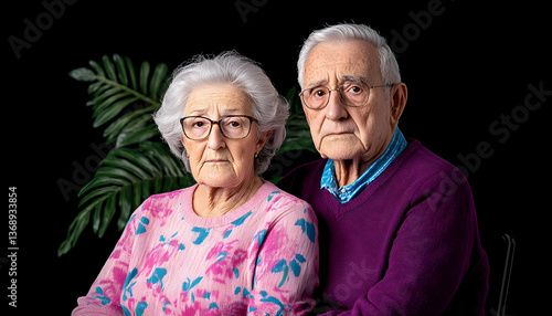 Serious elderly couple portrait against black background