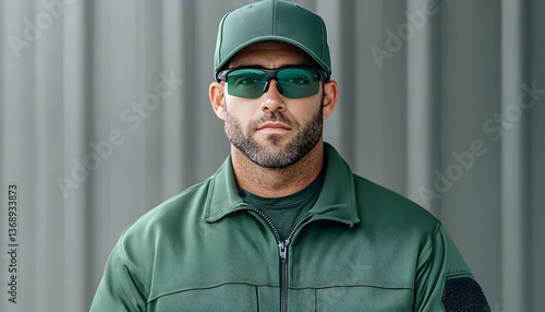 Serious man in green uniform and sunglasses