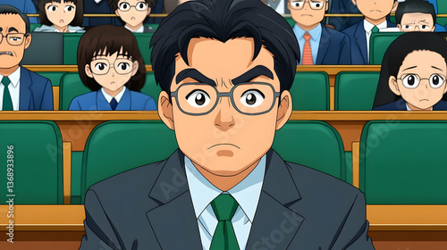 Serious man in suit seated among audience