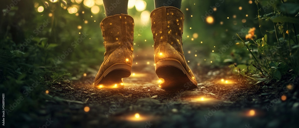 Enchanted pathway with glowing boots walking through a mystical forest