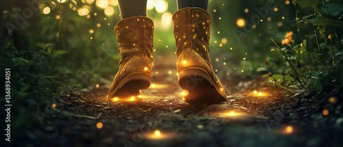 Obraz na płótnie Enchanted pathway with glowing boots walking through a mystical forest w salonie