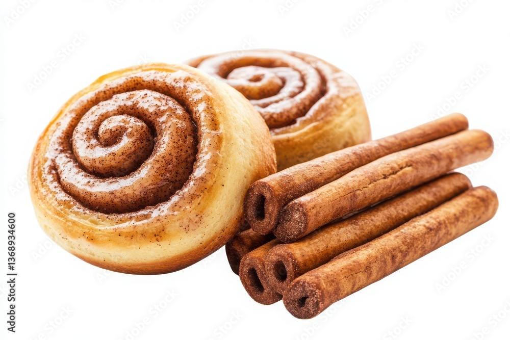 Fototapeta premium Two cinnamon rolls and cinnamon sticks on a white background in a studio shot food photography transparent background