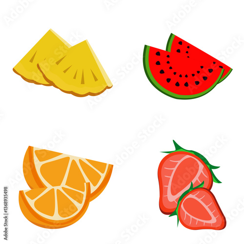vector illustration of pineapple, watermelon, strawberry and orange slices